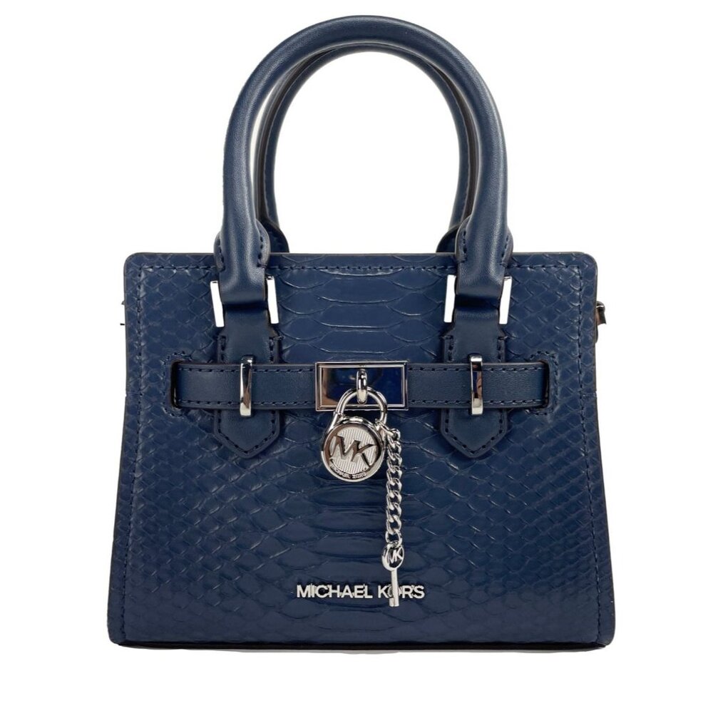 NEW Michael Kors Hamilton Bag XS Navy Snake Leather Satchel Crossbody Purse NWT